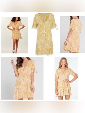Rip Curl Golden Days Yellow Floral V-Neck Button Dress 100% Viscose